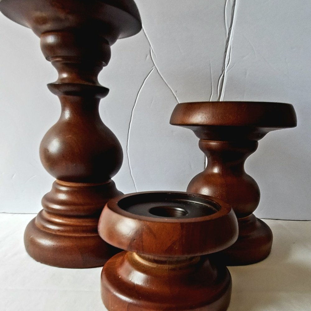 Three Woden Candle Holders 9" 6" 3"